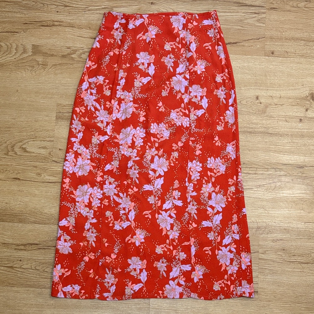 Free People Floral Split Midi Skirt Red – Size 0 - Picture 9 of 11